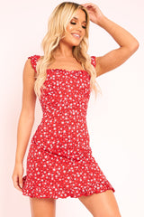 Red Floral Print Ruffle Dress - Linda
