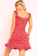 Red Floral Print Ruffle Dress - Linda