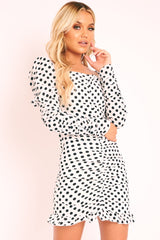 White Polka Dot Ruched Milkmaid Dress - Neave