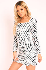 White Polka Dot Ruched Milkmaid Dress - Neave
