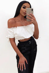 White Ruched Bardot Gypsy Crop Top - Janette