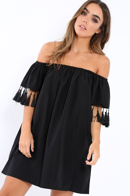 Black Shift Dress With Tassle Sleeves - Danielle