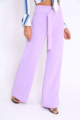 Lilac High Waist Wide Leg Trousers with Buckle - Monico