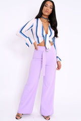 Lilac High Waist Wide Leg Trousers with Buckle - Monico