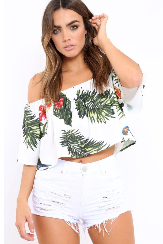 White Tropical Print Bardot Top - Monie