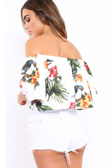 White Tropical Print Bardot Top - Monie