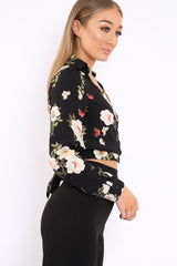 Black Floral Tie at Waist Crop Top - Monika