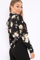 Black Floral Tie at Waist Crop Top - Monika