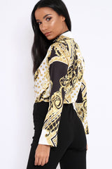 White and Gold Scarf Print Satin Plunge Bodysuit - Moniqua