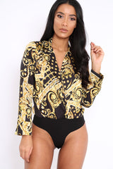 Black and Gold Scarf Print Satin Plunge Bodysuit - Moniqua