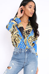 Blue and Gold Scarf Print Satin Plunge Bodysuit - Moniqua