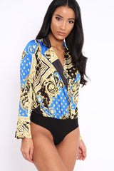 Blue and Gold Scarf Print Satin Plunge Bodysuit - Moniqua