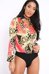 Red and Gold Scarf Print Satin Plunge Bodysuit - Moniqua