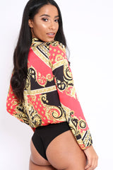 Red and Gold Scarf Print Satin Plunge Bodysuit - Moniqua