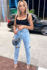 Mid Wash Denim Distressed Knee Extra Long Jeans - Ivelisse