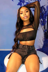 Black Mesh Sleeve Cut Out Tie Back Crop Top - Layna