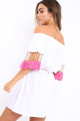 White Embroidered Tassel Bardot Dress - Monroe