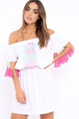 White Embroidered Tassel Bardot Dress - Monroe