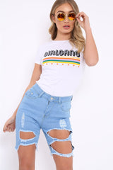 Blue Stretch Distressed Long Denim Shorts - Montanna