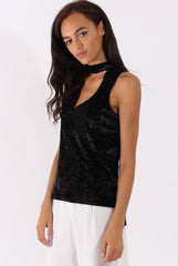 Black Crushed Velvet Cut Out High Neck Top - Morgan