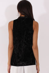 Black Crushed Velvet Cut Out High Neck Top - Morgan