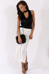 Black Crushed Velvet Cut Out High Neck Top - Morgan