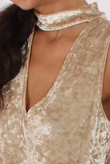 Camel Crushed Velvet Cut Out High Neck Top - Morgan