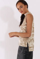 Camel Crushed Velvet Cut Out High Neck Top - Morgan