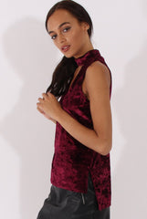 Wine Crushed Velvet Cut Out High Neck Top - Morgan