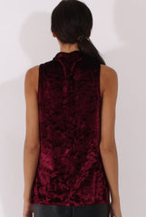Wine Crushed Velvet Cut Out High Neck Top - Morgan