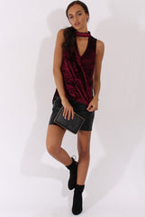 Wine Crushed Velvet Cut Out High Neck Top - Morgan
