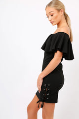 Black Bardot Tie Up Eyelet Dress - Myra