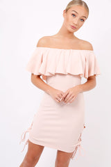 Nude Bardot Tie Up Eyelet Dress - Myra