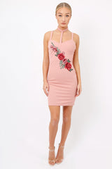 Nude Floral Embroidered Choker Dress - Fawn