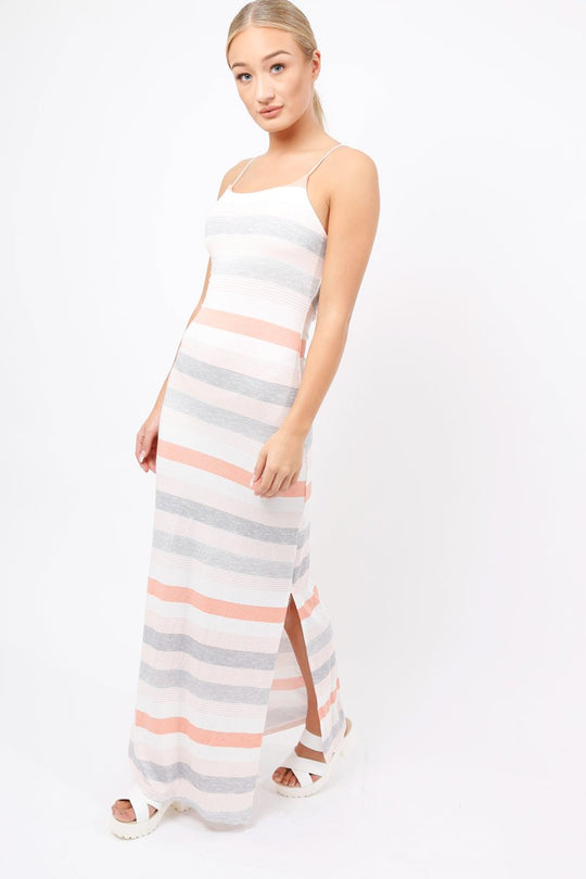 Coral & Grey Striped Maxi Dress - Kiah