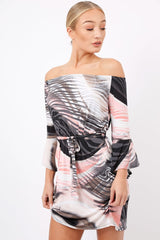 Grey Graphic Floral Off Shoulder Frill Dress - Arleen