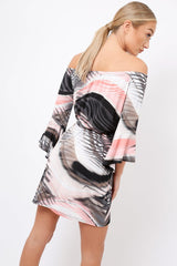 Grey Graphic Floral Off Shoulder Frill Dress - Arleen