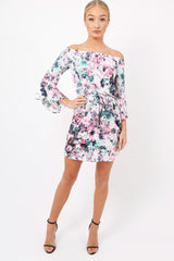 Pink Graphic Floral Off Shoulder Frill Dress - Arleen