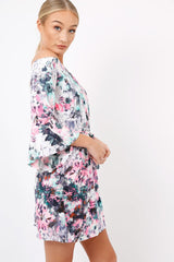 Pink Graphic Floral Off Shoulder Frill Dress - Arleen