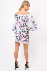 Pink Graphic Floral Off Shoulder Frill Dress - Arleen