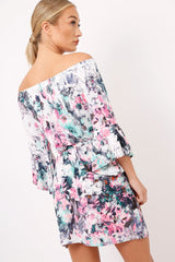 Pink Graphic Floral Off Shoulder Frill Dress - Arleen