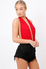 Red plunge Halterneck Bodysuit - Lona