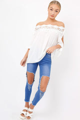 White Crochet Bardot Top - Evelina