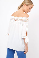 White Crochet Bardot Top - Evelina