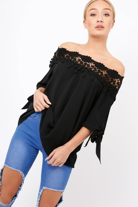Black Crochet Bardot Top - Evelina