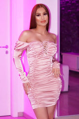 Pink Satin Ruched Lace Front Bodycon Dress - Dania