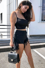 Black Satin Cowl Neck Lace Up Back Crop Top - Kamsi