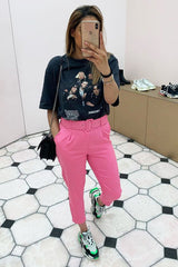 Pink Belted Tapered Peg Trousers - Jessika