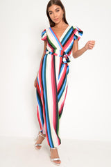 White Green And Blue Plunge Wrap Belted Maxi Dress - Carri