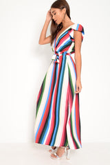 White Green And Blue Plunge Wrap Belted Maxi Dress - Carri